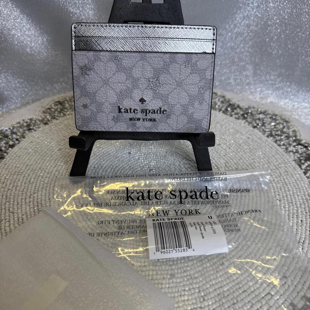 Kate Spade New York Spade Flower Star Small Slim Card Holder Case Platinum NWT